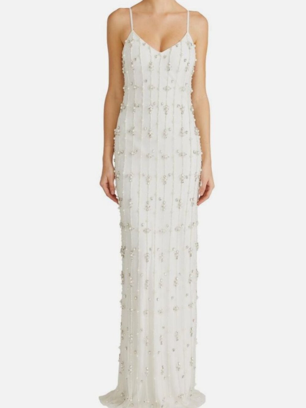 ML Monique Lhuillier Women's White Jeweled Full Length Evening Gown Dress Size 8